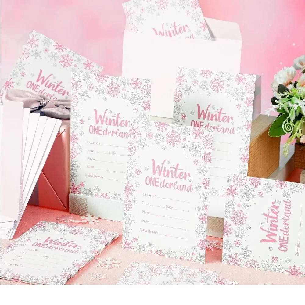 25 Pcs Winter Onederland Invitations First birthday Snowflakes Silver Pink